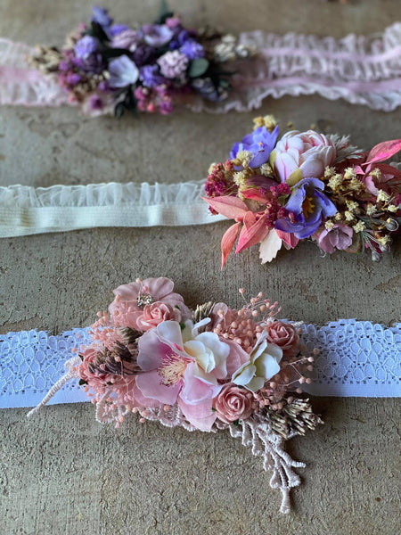 Romantic bridal garters Flexible elastic band Pink flower garters Toss garter for bride Red and Purple customisable garter Magaela