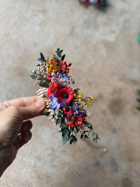 Folk wedding flower hair comb Bride to be Poppy flowers bridal comb Slavic wedding Wedding accessories Hair flowers Magaela Colourful comb