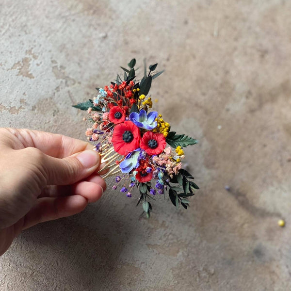Small folk wedding flower comb Bride to be Poppy flowers bridal comb Slavic wedding Wedding accessories Hair flowers Magaela Colourful comb