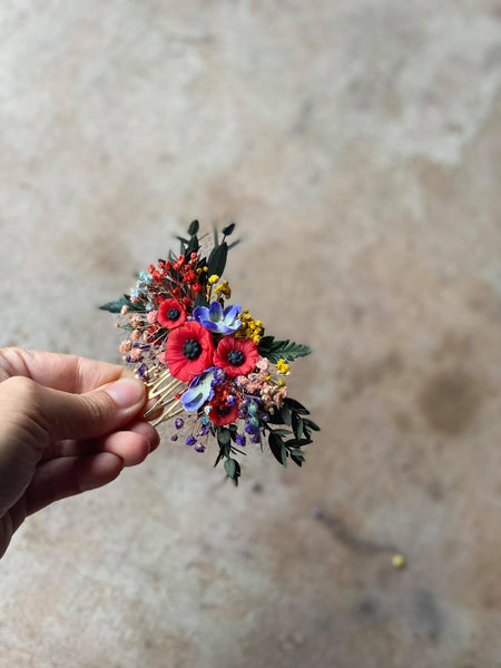 Small folk wedding flower comb Bride to be Poppy flowers bridal comb Slavic wedding Wedding accessories Hair flowers Magaela Colourful comb