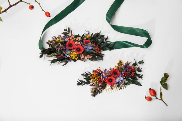 Folk wedding flower hair comb Bride to be Poppy flowers bridal comb Slavic wedding Wedding accessories Hair flowers Magaela Colourful comb