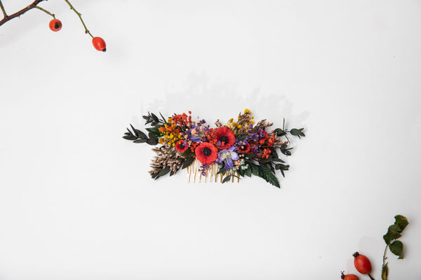 Folk wedding flower hair comb Bride to be Poppy flowers bridal comb Slavic wedding Wedding accessories Hair flowers Magaela Colourful comb