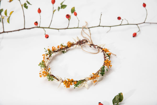 Autumn flower crown Orange and ivory wedding wreath Bridal hair accessories Magaela fall wedding crown Headpiece for bride Natural preserved