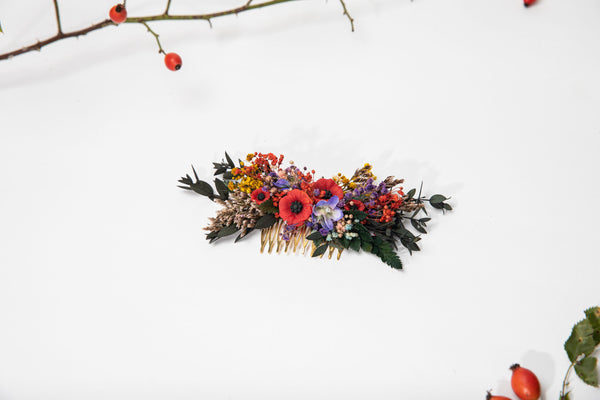 Folk wedding flower hair comb Bride to be Poppy flowers bridal comb Slavic wedding Wedding accessories Hair flowers Magaela Colourful comb