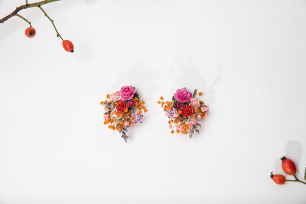 Frida flower earrings Wedding earrings Bridal accessories Flower jewellery Pink clip on earrings with roses Flower bridal earrings Magaela