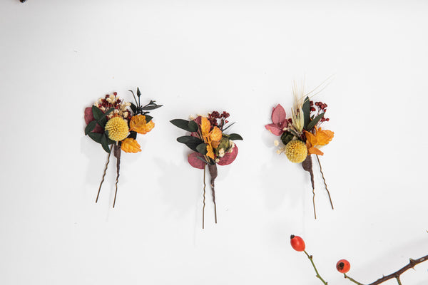 Ochre autumn flower hair pins