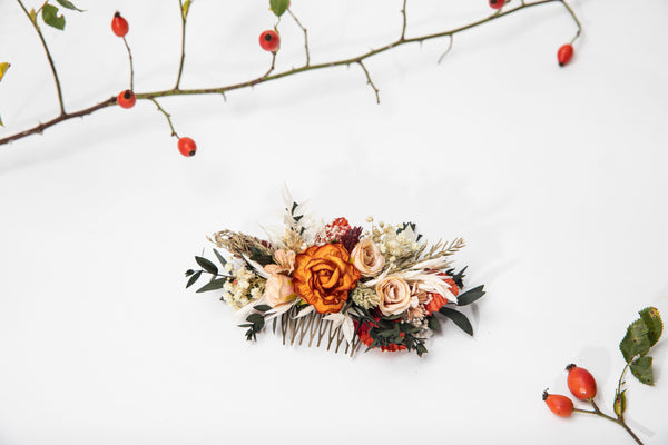 Autumn flower hair comb Burnt orange and ivory flower comb October wedding Natural wedding Bridal accessories Customisable bridal hair comb