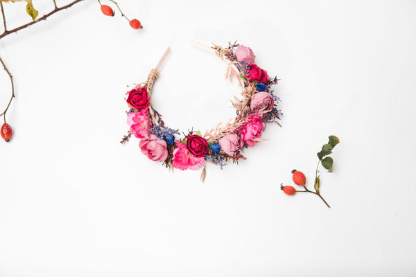 Raspberry flower headband Bridal magenta headpiece Wedding accessories Bride to be Pink wedding Hair flowers Flower headpiece Magaela