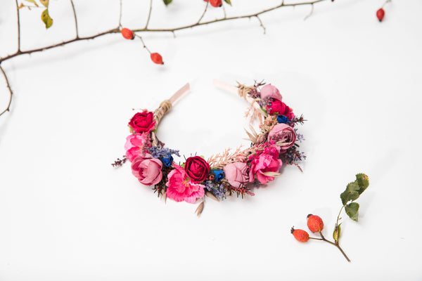 Raspberry flower headband Bridal magenta headpiece Wedding accessories Bride to be Pink wedding Hair flowers Flower headpiece Magaela