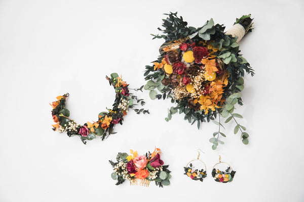 Autumn flower bouquet Bridal bouquet Eucalyptus Burgundy Ochre bouquet Fall wedding Magaela accessories Bride to be Customisable Boho bride