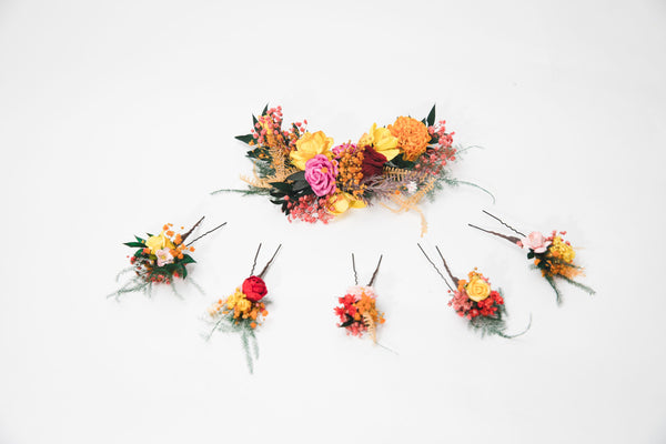 Autumn Frida Kahlo inspired hair vine Bridal flower headpiece Fall wedding Colourful flower hair vine Wedding hairstyle Autumn hair pins