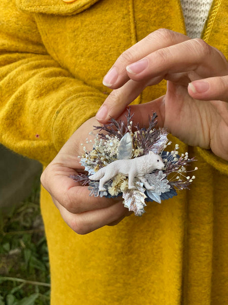 Xmas brooch with arctic fox Winter brooch Unique accessories Winter fairytale Christmas gift Brooch for coat Winter wedding Magaela handmade