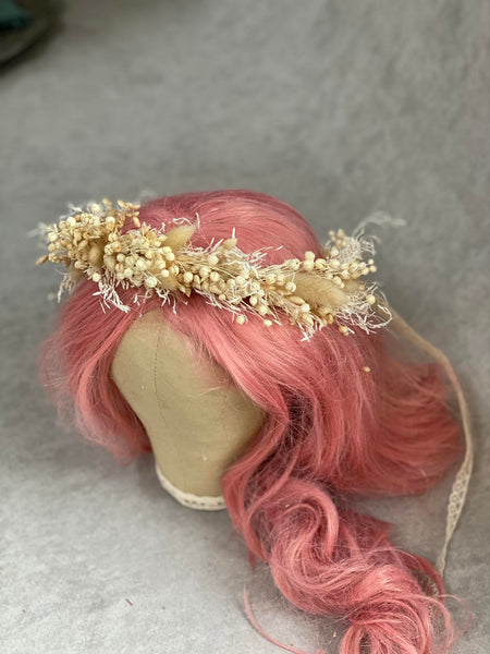 Natural cream flower crown Fluffy children crown Baby wreath Preserved and dried Beige and ivory bridal crown Magaela Wedding hair wreath