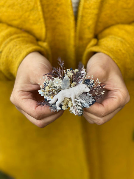 Xmas brooch with arctic fox Winter brooch Unique accessories Winter fairytale Christmas gift Brooch for coat Winter wedding Magaela handmade