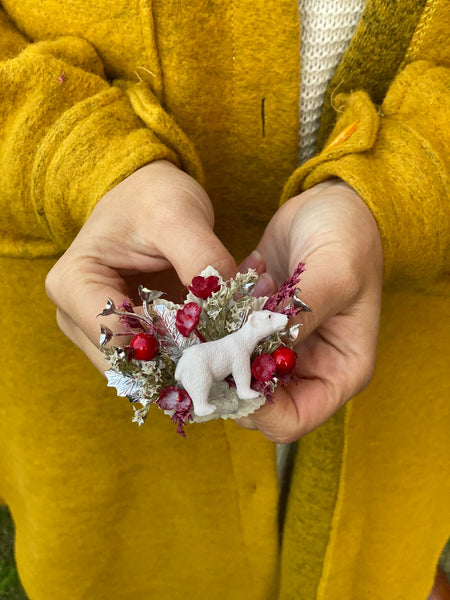 Flower brooch with polar bear Winter accessories photoshoot Wedding Gift for her Brooch foe coat Flower jewellery Magaela Unique brooch