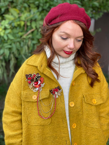 LIMITED OFFER Flower brooch Double brooch with fox Autumn Winter brooch Christmas gift for her Original present Red flower brooch Magaela