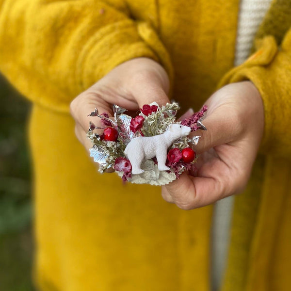 Flower brooch with polar bear Winter accessories photoshoot Wedding Gift for her Brooch foe coat Flower jewellery Magaela Unique brooch