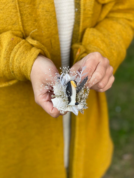Winter brooch with penguin Flower brooch Winter photoshoot Happy feet jewellery Wedding Magaela accessories Winter jewelry Brooch for coat