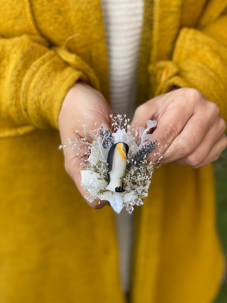 Winter brooch with penguin Flower brooch Winter photoshoot Happy feet jewellery Wedding Magaela accessories Winter jewelry Brooch for coat