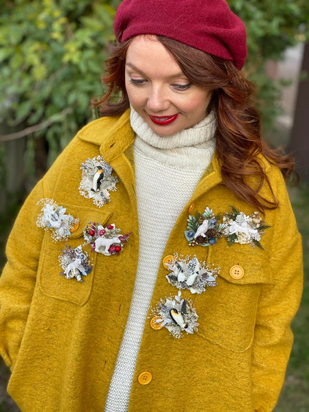 Flower brooch with polar bear Winter accessories photoshoot Wedding Gift for her Brooch foe coat Flower jewellery Magaela Unique brooch