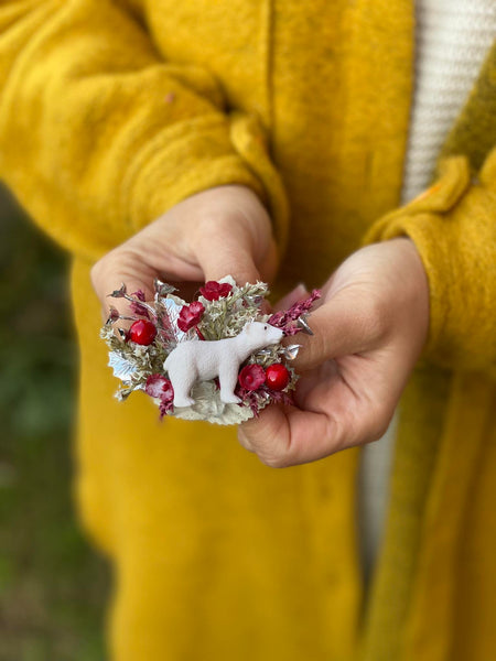 Flower brooch with polar bear Winter accessories photoshoot Wedding Gift for her Brooch foe coat Flower jewellery Magaela Unique brooch