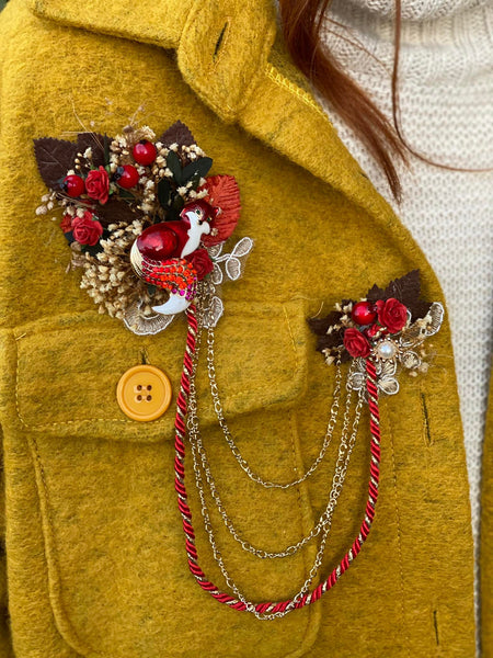 LIMITED OFFER Flower brooch Double brooch with fox Autumn Winter brooch Christmas gift for her Original present Red flower brooch Magaela