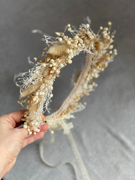 Natural cream flower crown Fluffy children crown Baby wreath Preserved and dried Beige and ivory bridal crown Magaela Wedding hair wreath