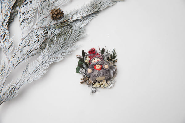 Winter brooch with doll Flower brooch Unique Christmas brooch for coat Gift for her Doll Winter jewellery Magaela Xmas party