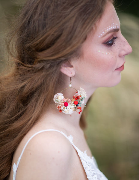 Ivory and red flower earrings Original bridal flower earrings Glam Bridal Circle dangle earrings Handmade dried flower jewelry Magaela