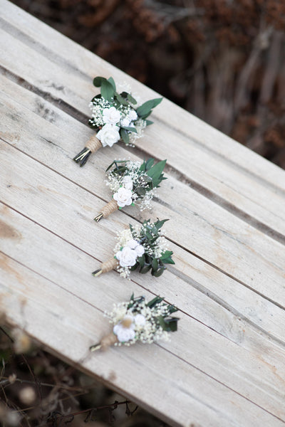 Groom's boutonniere Green and white buttonhole White rose corsage for groom Best man accessories Magaela Customisable boutonniere Greenery