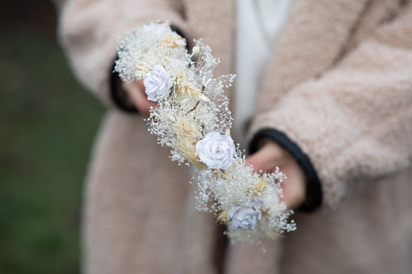 Ear of wheat hair wreath Flower headpiece Bridal hair crown with white roses Bride to be Beige and white flower wreath Wedding halo Magaela