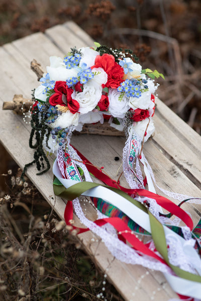 Folk flower crown Big Slavic traditional headpiece Headpiece for Slavic bride Polish wedding White red and blue crown Bridal head cover
