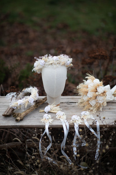 Ear of wheat hair wreath Flower headpiece Bridal hair crown with white roses Bride to be Beige and white flower wreath Wedding halo Magaela