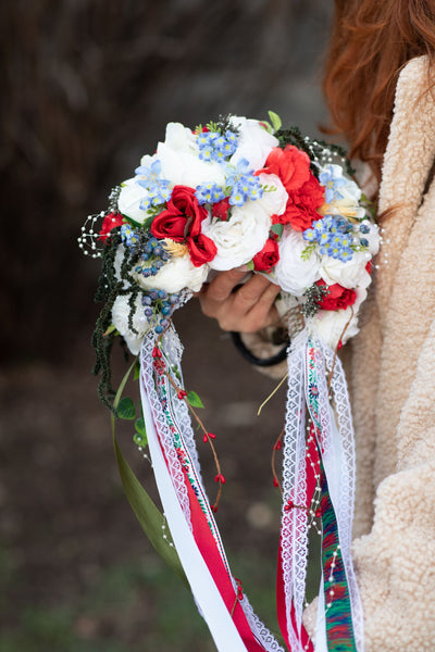 Folk flower crown Big Slavic traditional headpiece Headpiece for Slavic bride Polish wedding White red and blue crown Bridal head cover
