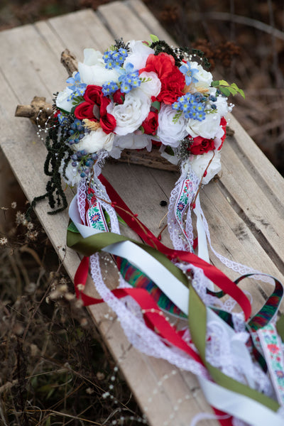 Folk flower crown Big Slavic traditional headpiece Headpiece for Slavic bride Polish wedding White red and blue crown Bridal head cover