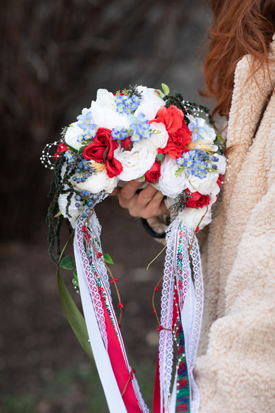 Folk flower crown Big Slavic traditional headpiece Headpiece for Slavic bride Polish wedding White red and blue crown Bridal head cover