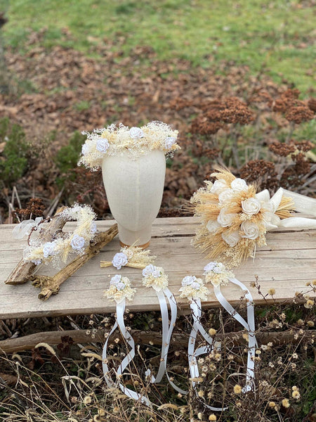 Ear of wheat hair wreath Flower headpiece Bridal hair crown with white roses Bride to be Beige and white flower wreath Wedding halo Magaela