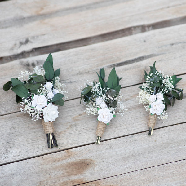 Groom's boutonniere Green and white buttonhole White rose corsage for groom Best man accessories Magaela Customisable boutonniere Greenery