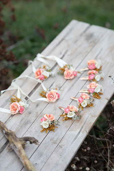 Flower hair clips Peach flower girl hair clips Wedding accessories Flower jewellery Children hair clips Snap clip for flower girl Magaela