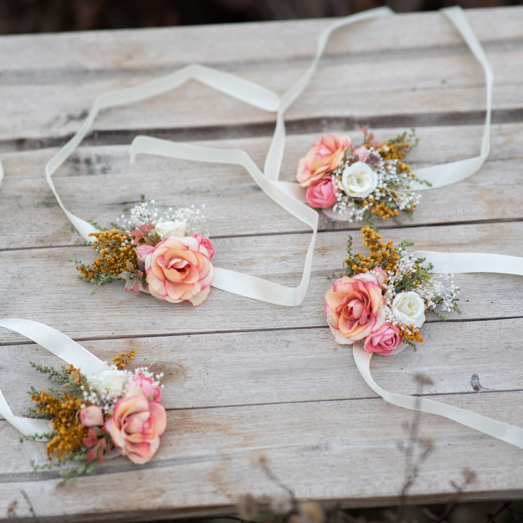 Rose & Baby's Breath Corsage Bracelet Pack 2 Beige (12cmH)