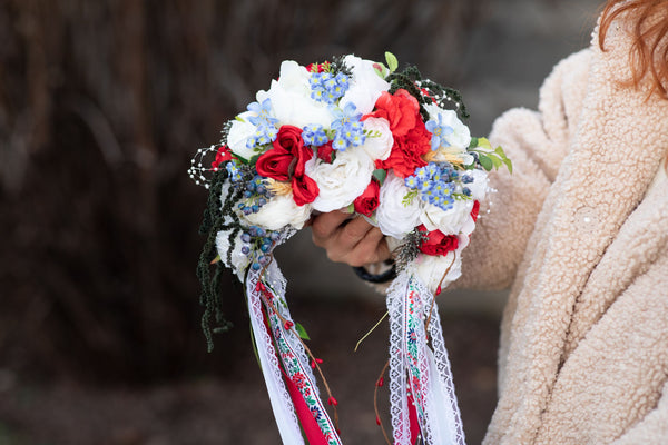Folk flower crown Big Slavic traditional headpiece Headpiece for Slavic bride Polish wedding White red and blue crown Bridal head cover