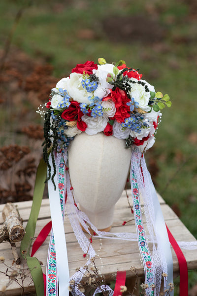 Folk flower crown Big Slavic traditional headpiece Headpiece for Slavic bride Polish wedding White red and blue crown Bridal head cover