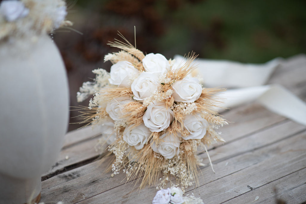 Bridal bouquet with ear of wheat and white roses Rustic wedding Brides magaela