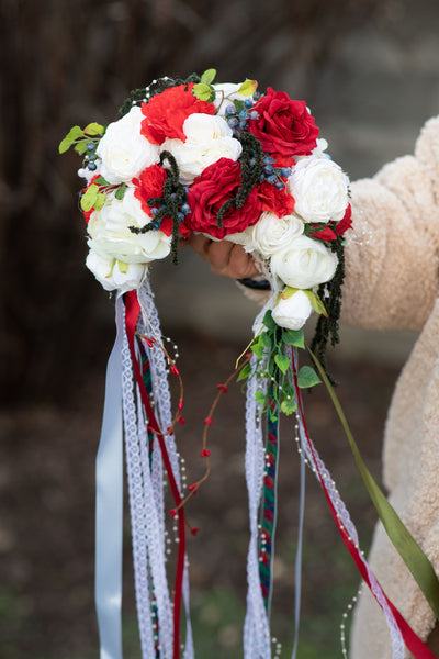 Folk flower crown Big Slavic traditional headpiece Headpiece for Slavic bride Polish wedding White red and blue crown Bridal head cover
