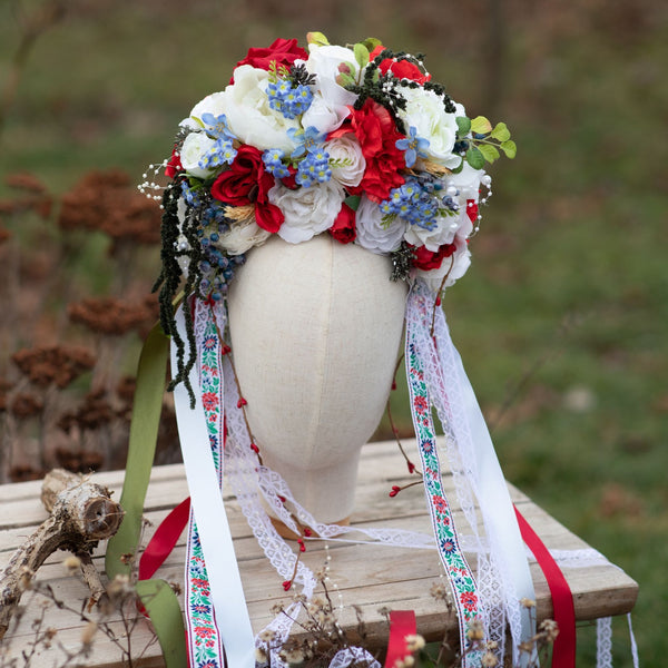 Folk flower crown Big Slavic traditional headpiece Headpiece for Slavic bride Polish wedding White red and blue crown Bridal head cover