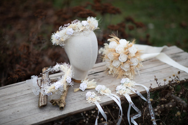 Ear of wheat hair wreath Flower headpiece Bridal hair crown with white roses Bride to be Beige and white flower wreath Wedding halo Magaela