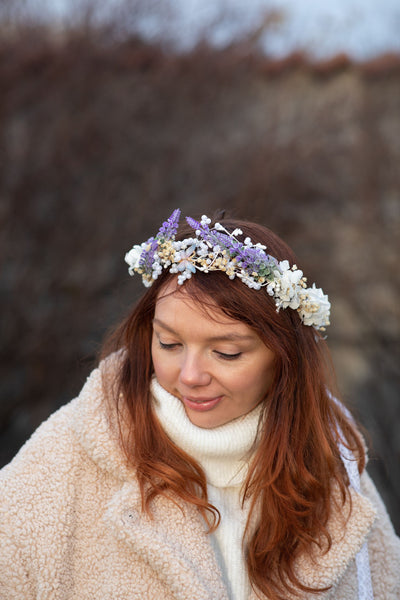 Bridal flower crown Lavender hair crown Wedding accessories Flower crown with laces Unique flower crown Headpiece for bride Photoshoot