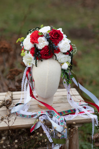 Folk flower crown Big Slavic traditional headpiece Headpiece for Slavic bride Polish wedding White red and blue crown Bridal head cover