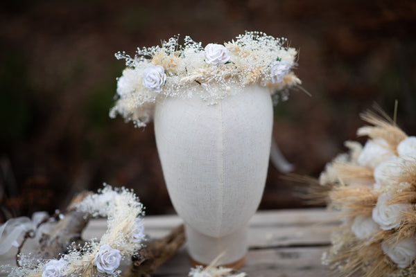 Ear of wheat hair wreath Flower headpiece Bridal hair crown with white roses Bride to be Beige and white flower wreath Wedding halo Magaela