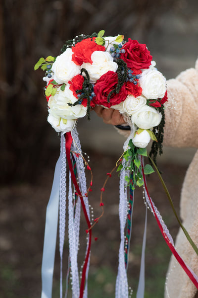 Folk flower crown Big Slavic traditional headpiece Headpiece for Slavic bride Polish wedding White red and blue crown Bridal head cover